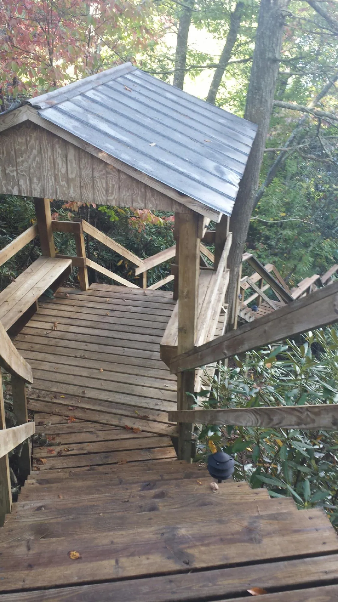 Metal roofed shelter over wooden steps on a wooded walkway — Skylight Repair & Installation work by our crew in Loveville